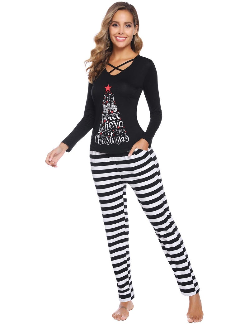iClosam Matching Family Pajamas Set Striped Christmas Pajamas Sleepwear Dad Mom PJs Black - Image 4